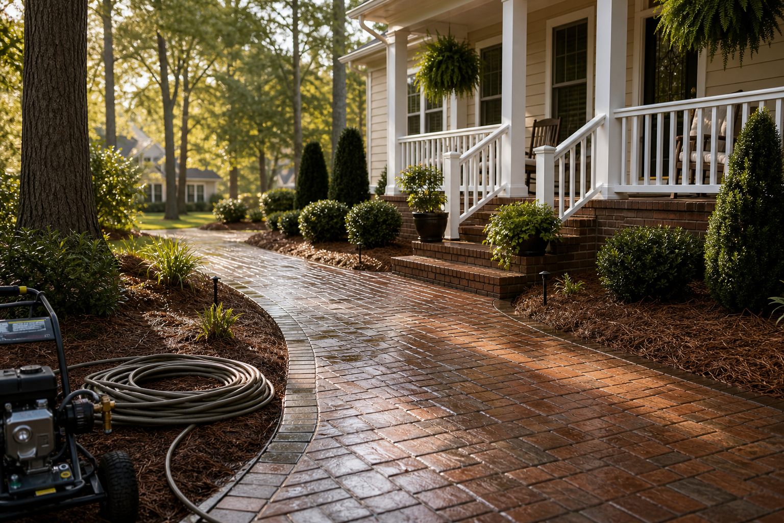 Clean brick walkway and porch after residential pressure washing